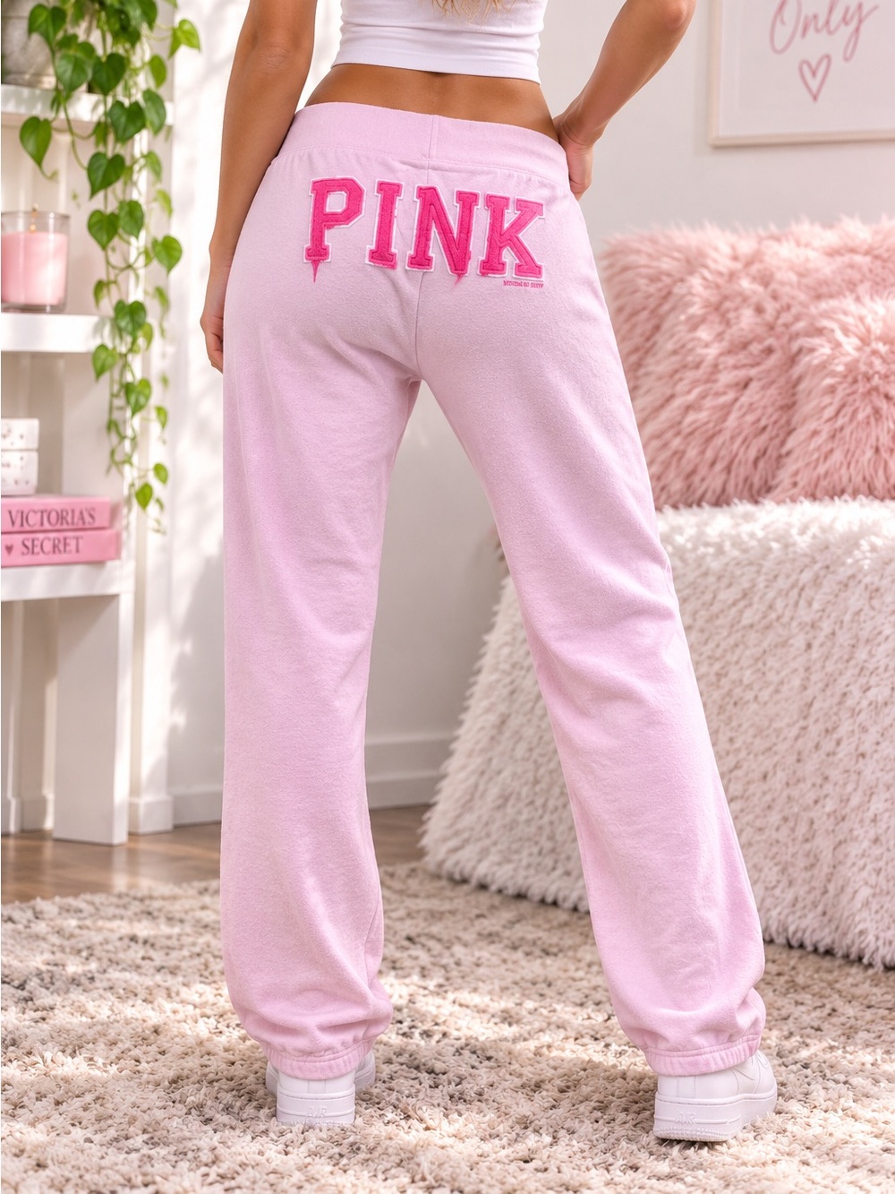 Vintage y2k PINK Victoria's Secret  Pink Fleece Lounge Pants with Hot Pink Logo